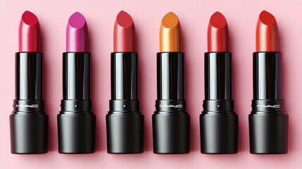 Obraz premium Six lipsticks in various colors on a pink background