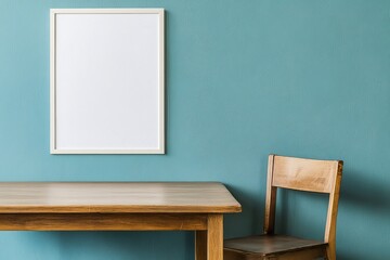 Empty frame on teal wall above wooden table and chair.