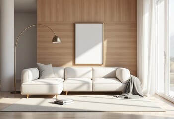 Sunlit modern living space with white sofa and minimalist design elements featuring a blank frame