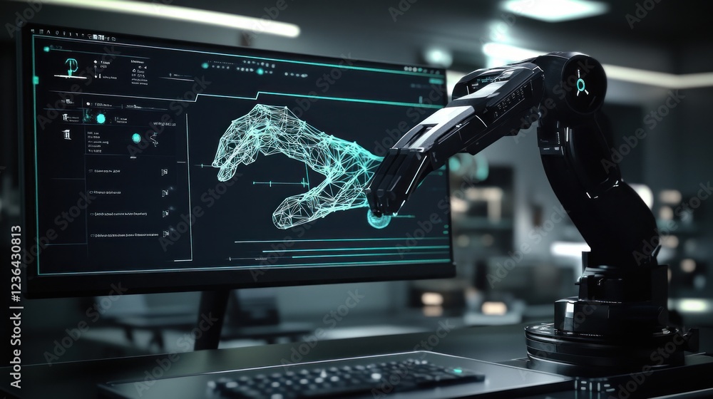 Aufkleber robotic arm interacting with digital hand model on computer screen