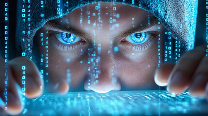 A young person with a hood intensely stares at a laptop, surrounded by glowing blue binary code representing digital activity. The atmosphere is heavy with concentration and mystery