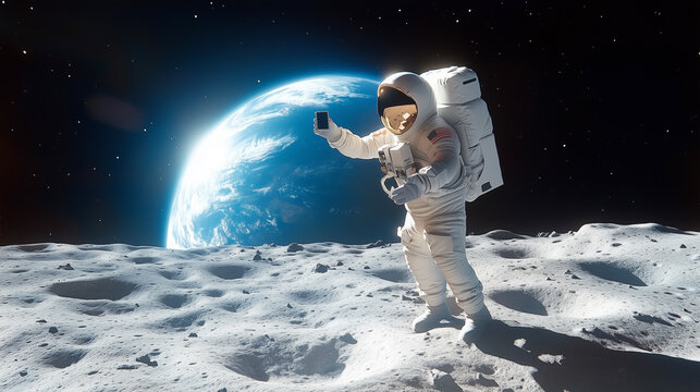 An astronaut stands on the moon's surface capturing a picture of Earth with a smartphone. The vast lunar landscape and Earth visible in the background create a stunning view