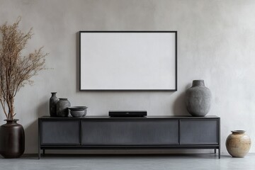 Modern minimalist living room interior with blank TV screen, grey console, and decorative vases.