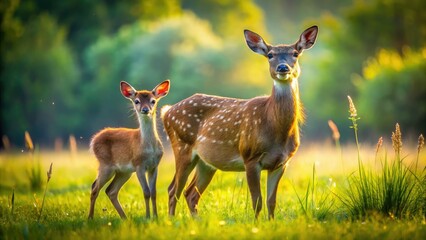 A heartwarming meadow scene: a cute red deer calf and its mother, perfectly composed using the rule of thirds.