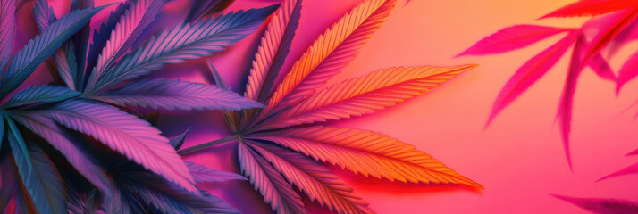 Vibrant cannabis leaves in shades of purple and orange create striking visual. colorful backdrop enhances beauty of foliage, evoking sense of creativity and relaxation