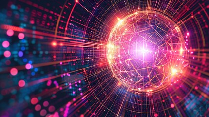 Obraz premium Dazzling Colorful Futuristic Energy Burst Illuminating Abstract Digital Technology Background Radiant Luminous Sphere Explosion with Glowing Rays and Particles in Motion