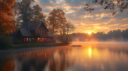 Fototapeta premium Sunrise over tranquil lake with lakeside cabin.