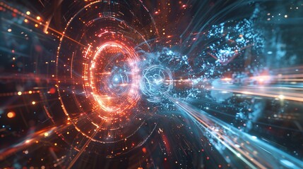 Obraz premium Futuristic Cosmic Energy Explosion in Radiant Digital Space Visualization Abstract dynamic sci fi energy ray burst with glowing particle effects in a surreal molecular galaxy universe