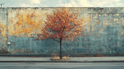 Solitary autumn tree against weathered urban wall