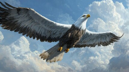 Majestic Eagle Soaring Through Bright Clouds in Blue Sky Landscape