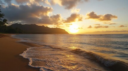 Obraz premium Golden sunrise over the tranquil sea with distant mountains on the horizon