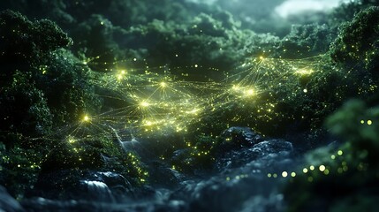 A realistic shot of a glowing neural network spreading across a natural forest, symbolizing AI's integration into environmental science.