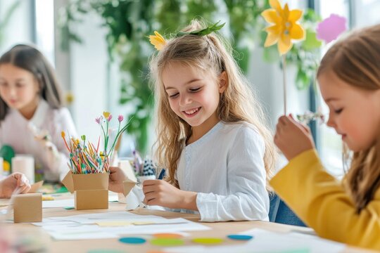 Happy children engaged in creative activities at school classroom with art supplies