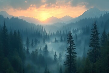 Obraz premium Sunset over misty evergreen forest in mountains, ideal for nature background.