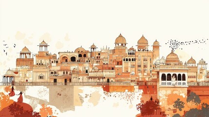 Hand-drawn illustration capturing Rajasthan's iconic architectural landmarks.