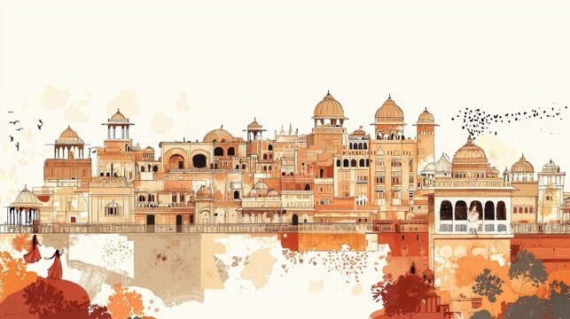 Hand-drawn illustration capturing Rajasthan's iconic architectural landmarks.