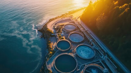 Fototapeta premium Aerial view of coastal wastewater treatment plant at sunset.