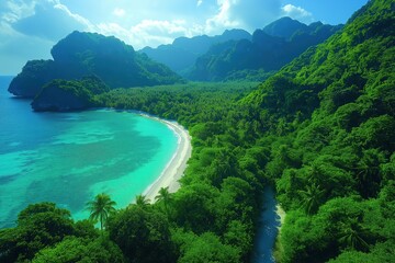 Naklejka premium Tropical beach with turquoise waters and lush green mountains under a bright blue sky