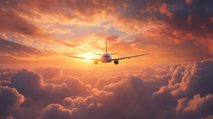 civil aircraft flying through colorful clouds at sunset, creating stunning visual display. vibrant hues of orange and purple enhance beauty of sky