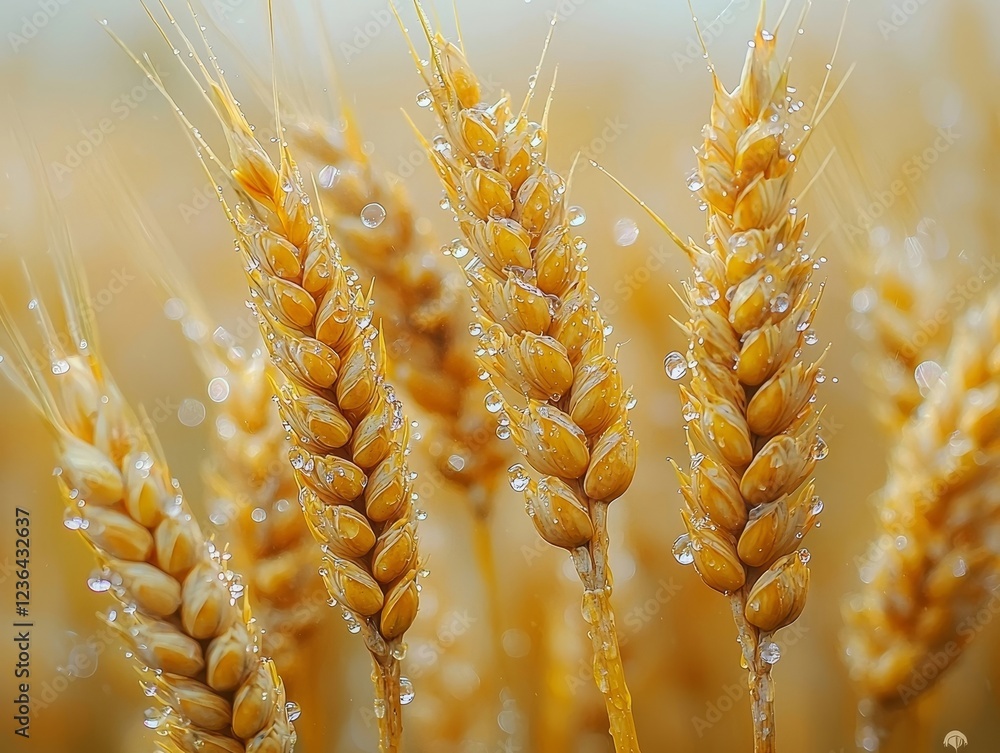 Poster wheat field swaying gently under overcast drizzle with glimmering raindrops