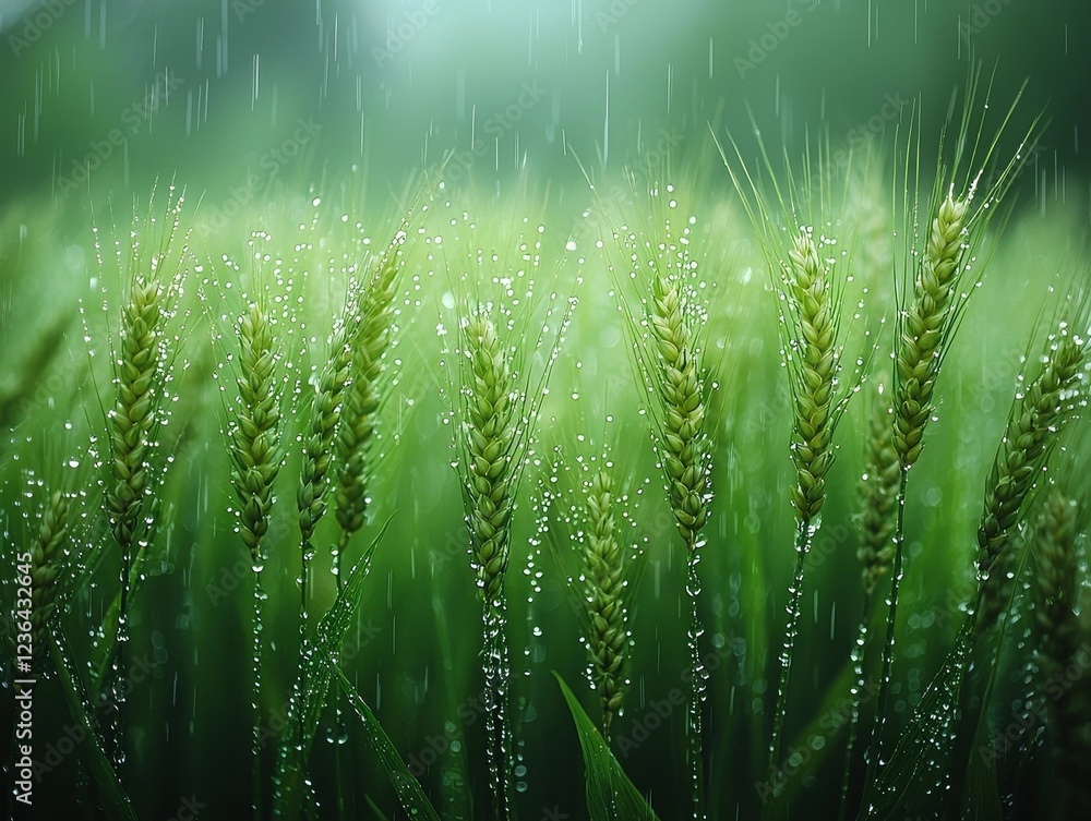 Poster wheat field swaying gently in soft drizzle with raindrops catching overcast lighting
