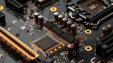 Fototapeta premium Close up detailed view of an intricate electronic circuit board with various microchips processors and other miniature electronic components Concept of technology engineering innovation