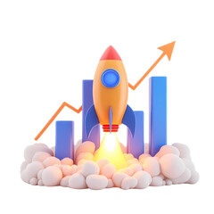 A 3D rocket takes off with explosive energy against a bar chart background