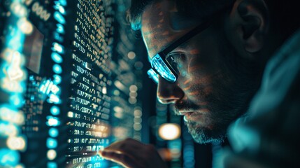 Close up of a hacker or programmer analyzing complex data and programming code on a computer screen in a dark technology focused environment