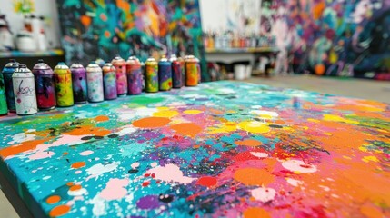 Fototapeta premium Vibrant Abstract Art Studio with Colorful Paint Cans and Splashes