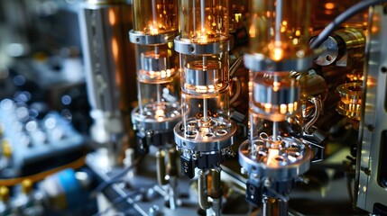 Closeup view of an intricate electronic control panel with a complex array of digital displays circuitry and monitoring systems in an industrial or technological setting