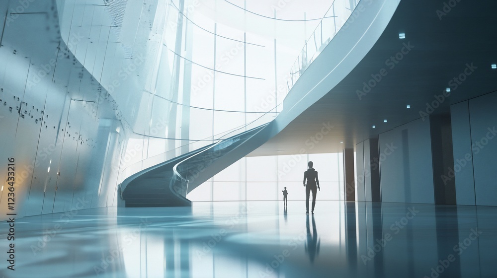 Poster two figures in an ultra-modern building with a winding staircase and large windows creating a spacio