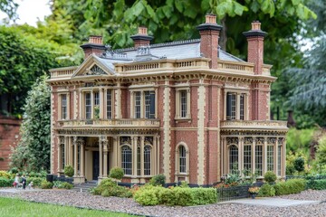 Fototapeta premium Miniature red brick mansion with garden, trees in background, for model train sets.
