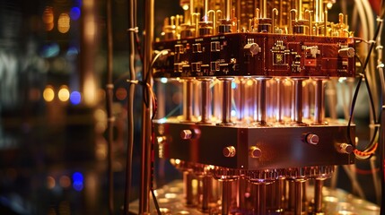 Obraz premium Detailed view of complex and intricate machinery electronic circuitry and control panels in a futuristic industrial or manufacturing setting Showcasing advanced technological components automation