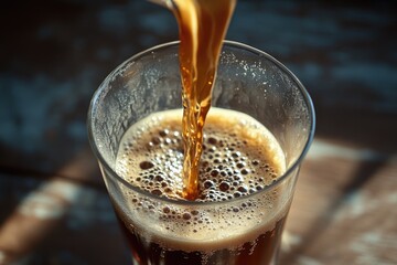Hot coffee being poured from an automatic dispenser, filling a clear mug on a table.