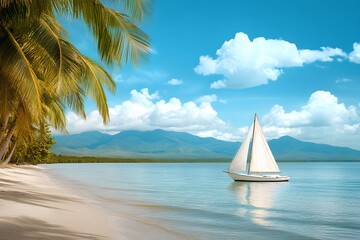 Obraz premium Vintage-style poster of an exotic beach with palm trees, mountains, and a blue sky in the background. A sailboat is seen on the calm waters near the shore