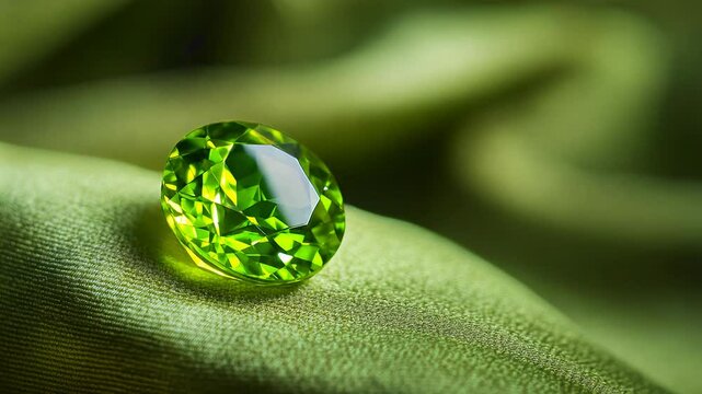 Close-up of two vibrant green peridot gemstones resting on a soft, olive-green fabric. The gems shimmer with brilliance against the subtle texture of the