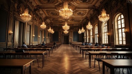 Fototapeta premium Elegant ballroom interior featuring chandeliers and wooden tables
