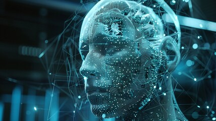 Futuristic biometric scanning of a human head with digital analysis AI powered intelligence and high tech data visualization  Concept of advanced technology cognitive computing