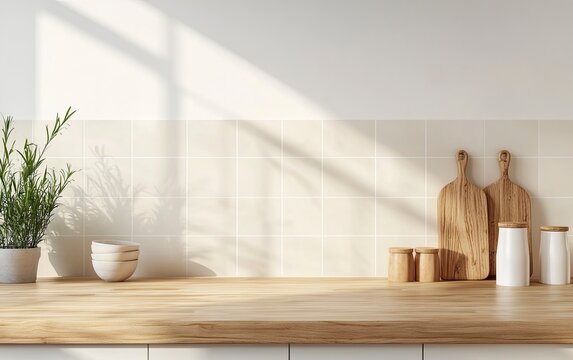 Wooden kitchen counter with beige ceramic tiles, mock-up background, front view. 3D rendering illustration. Space for product display montage, e-commerce banner. 