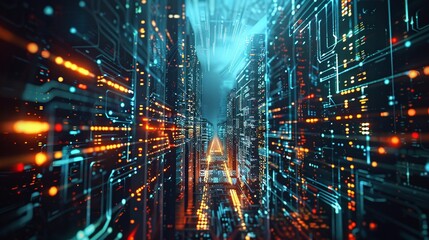 Futuristic cityscape featuring a high tech urban landscape with towering skyscrapers glowing lights and a complex digital infrastructure