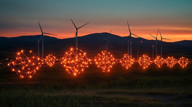 A serene landscape with wind turbines connected by glowing neural networks, symbolizing AI integration in renewable energy.