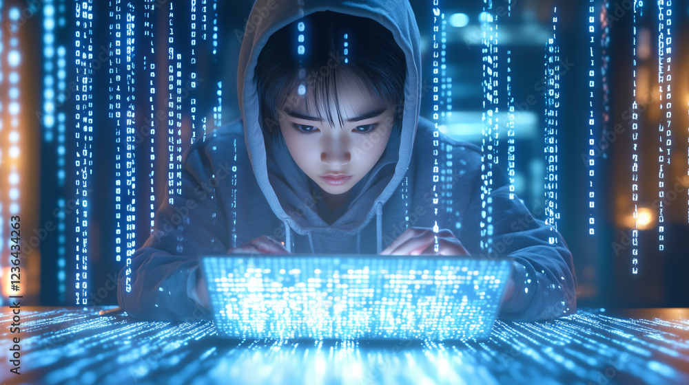 Poster a focused young individual explores complex digital code on a luminescent device, surrounded by a hi
