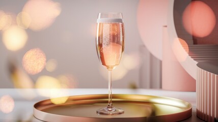 A glass of sparkling ros champagne sits on a gold tray, bathed in soft, romantic lighting.