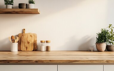 Wooden kitchen counter with beige ceramic tiles, mock-up background, front view. 3D rendering illustration. Space for product display montage, e-commerce banner. 