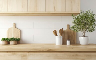Wooden kitchen counter with beige ceramic tiles, mock-up background, front view. 3D rendering illustration. Space for product display montage, e-commerce banner. 