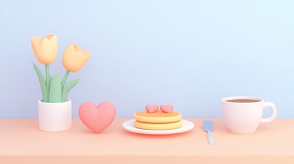 Valentine emotion eternity. A cozy breakfast scene featuring pancakes, a heart, fresh tulips, and a cup of coffee against a soft blue backdrop.