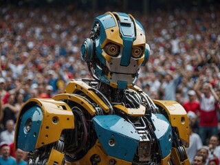 Colorful Humanoid Robot in a Crowd at a Public Event