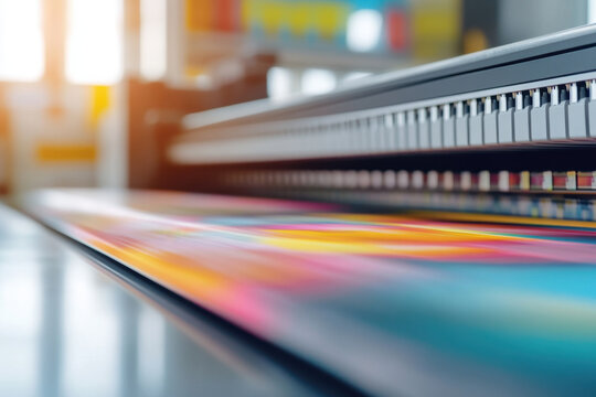 Close up of wide format printer tray with vibrant colors and patterns. image captures printing process, showcasing intricate details and technology involved in large scale printing