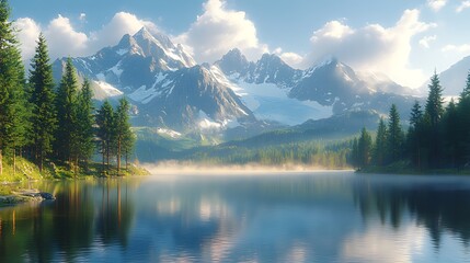 Serene mountain lake reflecting snow-capped peaks under a bright, sunny sky with mist rising from the water.