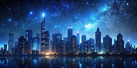 Obraz premium Nighttime Cityscape Under Stars , dark blue, urban landscape, dark blue, urban landscape